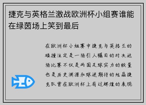 捷克与英格兰激战欧洲杯小组赛谁能在绿茵场上笑到最后