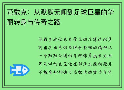 范戴克：从默默无闻到足球巨星的华丽转身与传奇之路